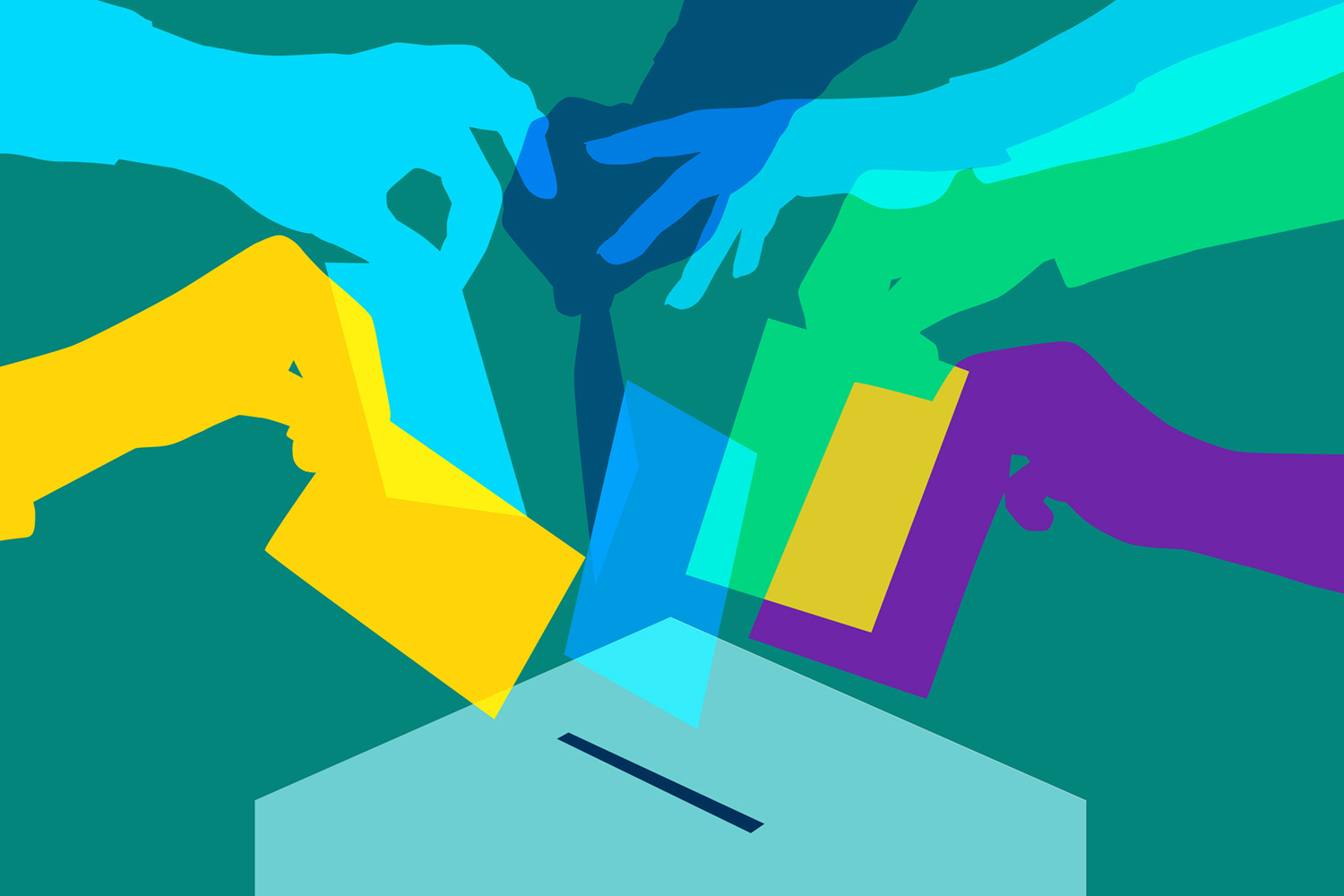 An illustration representing election resilience in AI Elections. Abstract and colorful hands drop ballots in a box.