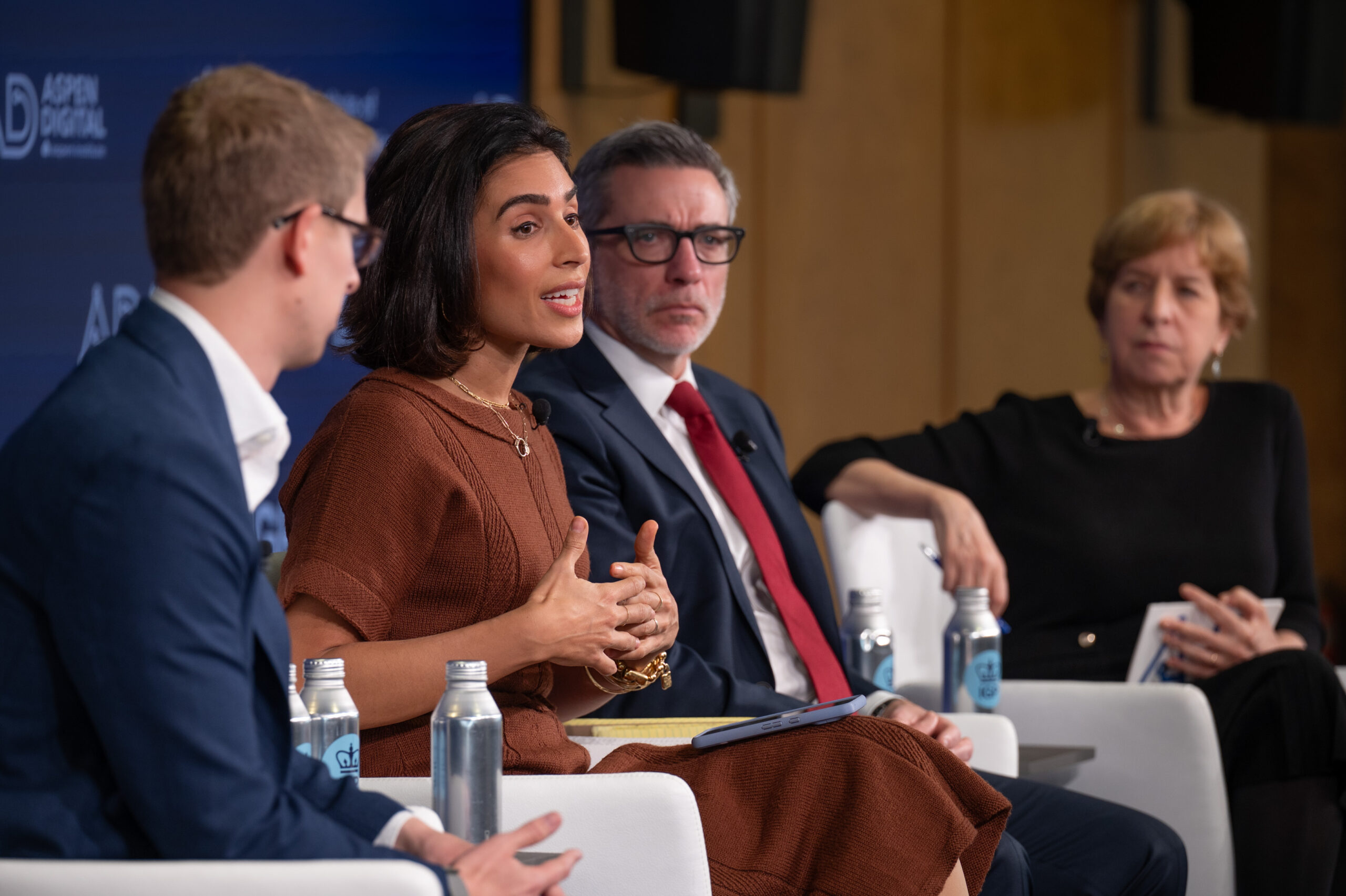 A photo from the event on the AI election threat. From left to right: David Agranovich of Global Threat Disruption, Yasmin Green of Jigsaw (Google), Clint Watts of Microsoft Threat Analysis Center, and Vivian Schiller of Aspen Digital.